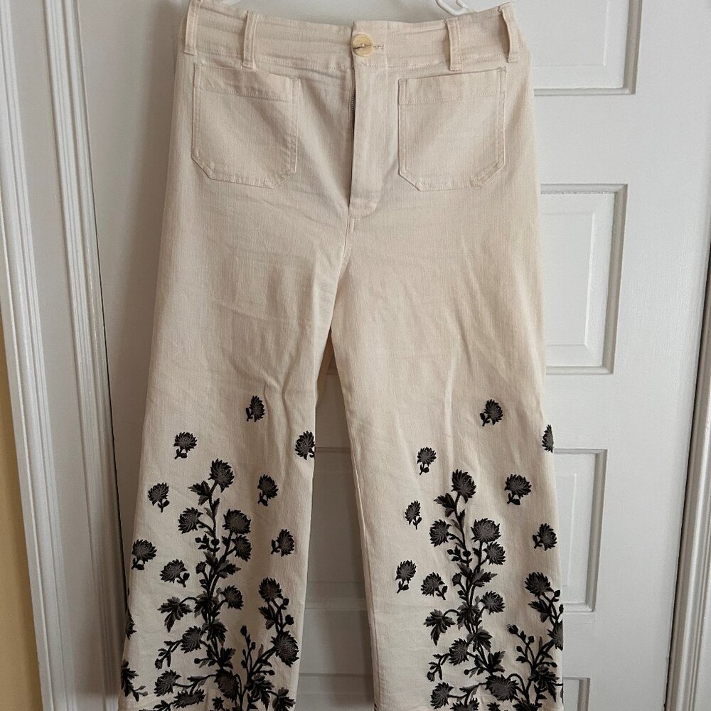 Maeve Cream Wide-Leg Pants with Black Floral Embroidery